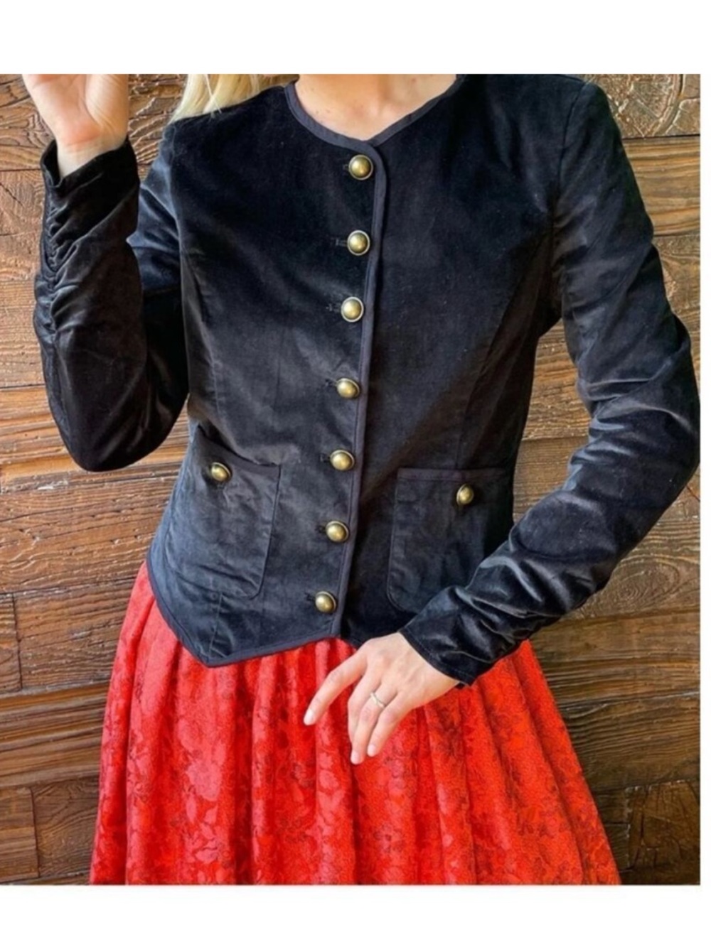 Free People Women’s Black Velour Bronze-Colored Buttons Blazer Chore Jacket XS